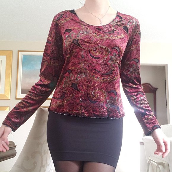 Red and black patterned velvety Simon Chang shirt - Picture 4 of 4